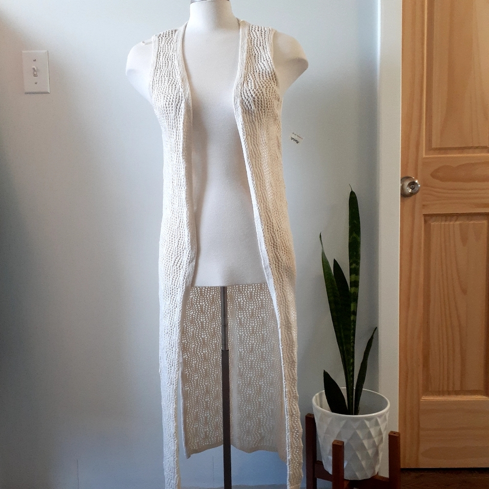 FRESHMAN 1996‎ Crochet Open Cardigan  Summer Beach Cover Up Cream Light Beige